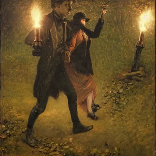 Image similar to young victorian man and woman traversing a dark stone maze, holding torches, hiding, fleeing, painted by alfred stevens