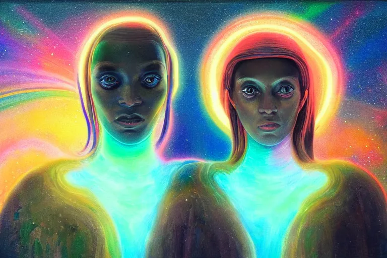 Image similar to patron saint of 🛸🌈👩🏾, futuristic iridescent clothing, wormhole, nebula, black hole, multiverse, neon god of city character portrait, in the style of margaret keane, moebius, tom bagshaw, and waterhouse, cinematic lighting, beautiful, elegant, oil painting,