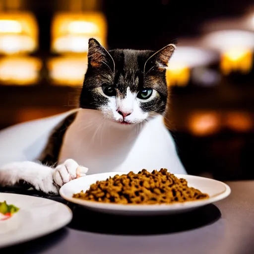 Image similar to A photo of a cat wearing a suit sitting in a fancy and expensive gourmet restaurant and eating a plate of cat food. f/2.8, dim lighting, award winning photo