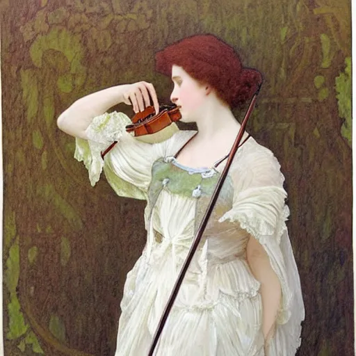 Image similar to A young edwardian woman wearing a white dress, holding a violin in her hands, in the style of mucha