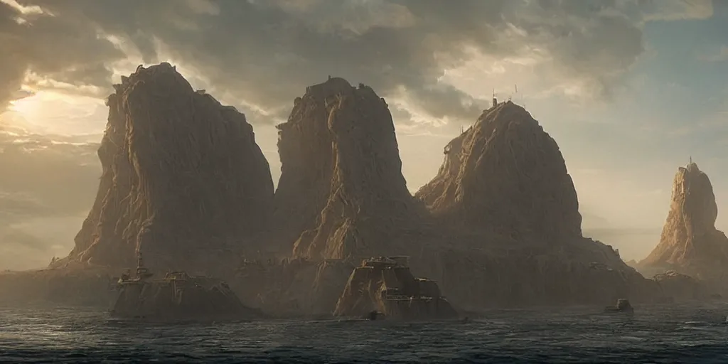 Prompt: screenshot from a movie, epic matte painting of a science fiction outpost on an island, cinematic cinematography masterpiece, greg rutkowski, and ivan aivazovski, roger deakins