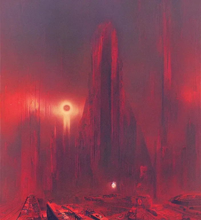 Image similar to the blind liberty of the few, red and purple palette, volume light, fog, by ( h. r. giger ) and paul lehr