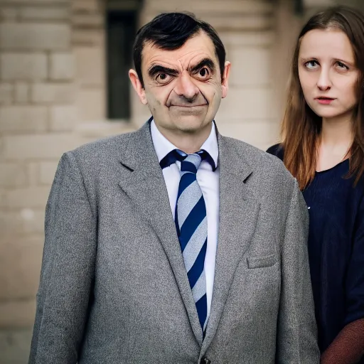 Image similar to A portrait mr bean elizabeth teams up with a teenage mr bean, perfect faces, 50 mm, award winning photography