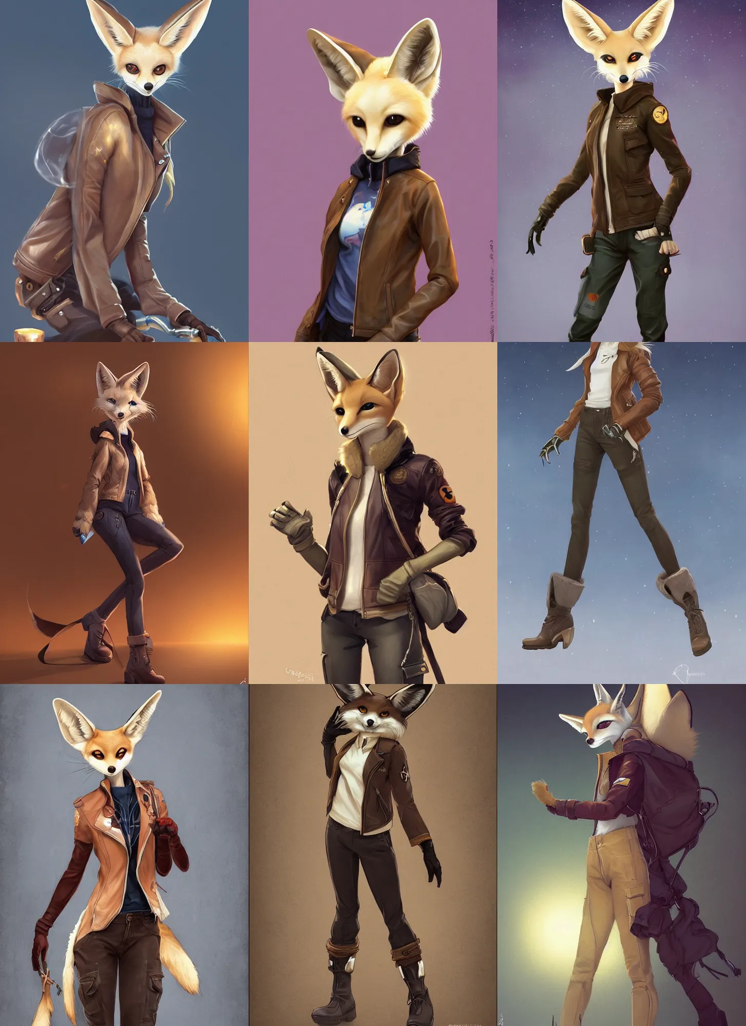 Image similar to beautiful portrait of a female anthropomorphic fennec fox fursona wearing a leather jacket. leather gloves. leather boots. cargo pants. character design by charlie bowater, ross tran, artgerm, and makoto shinkai, detailed, soft lighting, rendered in octane