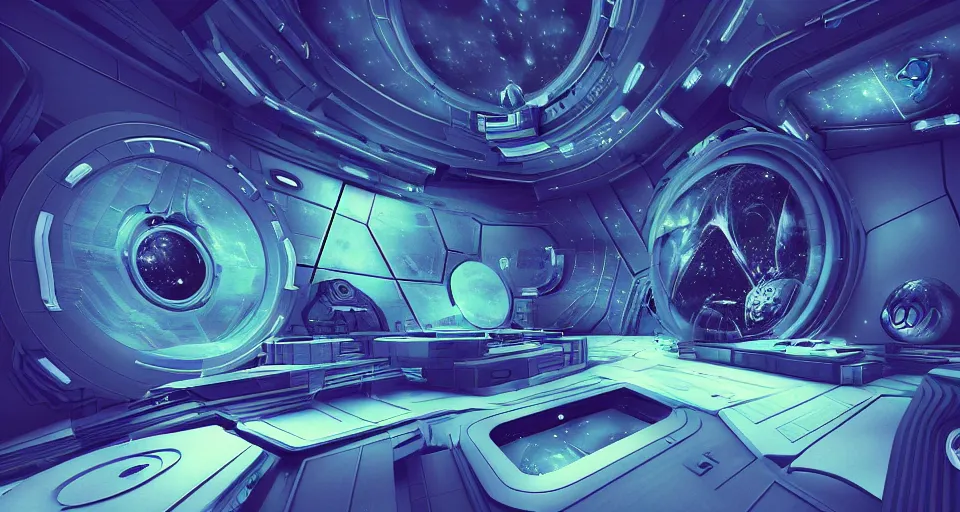 Prompt: a cosmic space themed museum room, inside a spacecraft, technological, future style, dark, h. r. giger, blue color scheme, low poly, level design, sharp focus, concept art, intricate, smooth, dynamic, subsurface scattering, wide angle, horizontal orientation, very coherent, hyper realism, behance, ray tracing, 3 d render