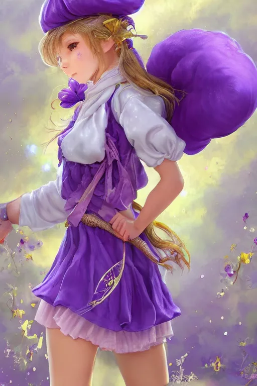 Prompt: Full View fairy maiden with short blond hair wearing an oversized purple Beret, Baggy Purple overall shorts, Short Puffy pants made of silk, silk shoes, a big billowy scarf, Golden Ribbon, and white leggings Covered in stars. covered in embroidery. Short Hair. peasant magic. masterpiece 4k digital illustration by Ruan Jia and Mandy Jurgens and Artgerm and william-adolphe bouguereau, award winning, Artstation, art nouveau aesthetic, Alphonse Mucha background, intricate details, realistic, panoramic view, Hyperdetailed, 8k resolution, intricate art nouveau