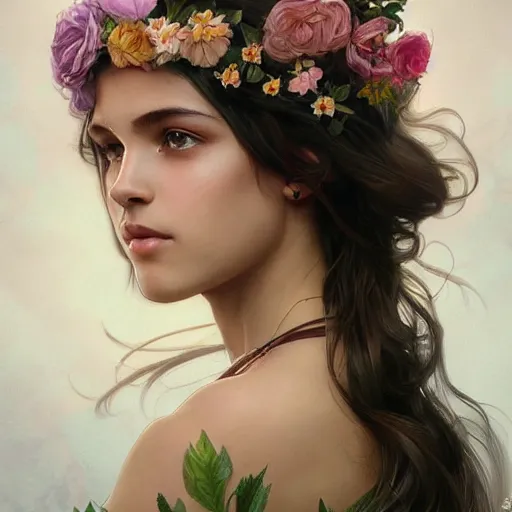 Prompt: Instagram Model with flowers in her hair, olive skin, long dark hair, beautiful bone structure, intricate, elegant, highly detailed, digital painting, artstation, concept art, smooth, sharp focus, illustration, art by artgerm and greg rutkowski and alphonse mucha