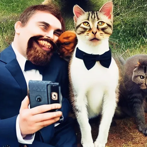 Image similar to Monkey, cat, and dog in suits taking selfie.