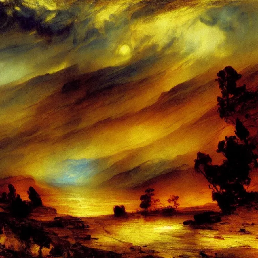 Prompt: atmospheric artwork about a highway to the horizon, painted by thomas moran. earthly tones.