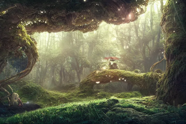 Image similar to fairy kingdom forest, miyazaki, nausicaa, hyper realistic, ambient lighting, concept art, intricate, hyper detailed, smooth, dynamic volumetric lighting, octane, raytrace, cinematic, high quality, high resolution, 4 k, cgsociety