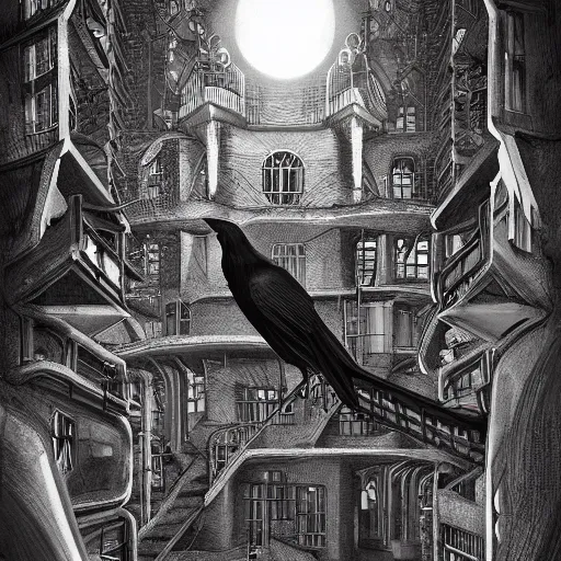 Image similar to crows at a architectural complex with an occult witch by Android Jones and M. C. Escher collaboration, futurist, digital art, dramatic lighting, symbolic