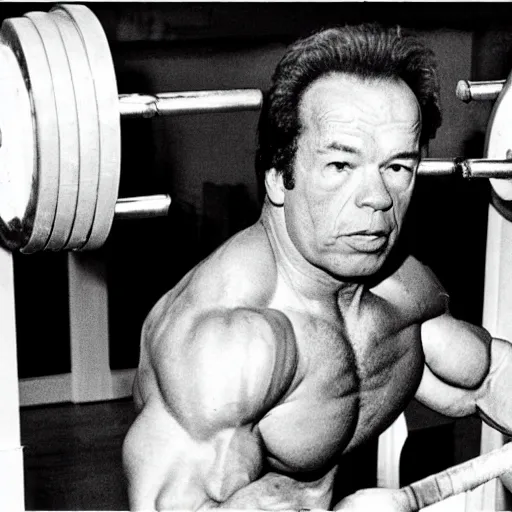 Image similar to “Wallace Shawn pumping iron with Arnold Schwarzenegger vintage 24mm”