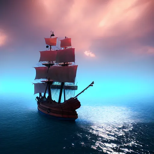 Image similar to pirate ship on a magical ethereal sea, 8k, HDR, cinematic, volumetric lighting, unreal engine 5