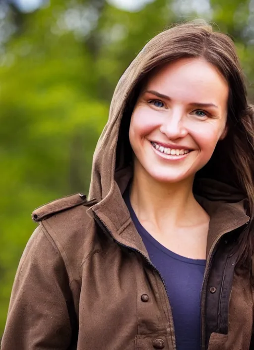 Image similar to a beautiful lara croft from minnesota, brunette, joyfully smiling at the camera opening her brown eyes. thinner face, irish genes, dark chocolate hair colour, wearing university of minneapolis coat, perfect nose, morning hour, plane light, portrait, minneapolis as background. healthy, athletic