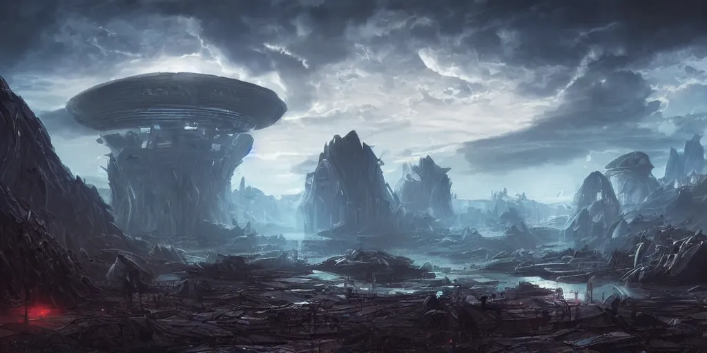 Image similar to ancient futuristic civilization in another planet, dramatic lighting, cinematic establishing shot, extremely high detail, photorealistic, cinematic lighting