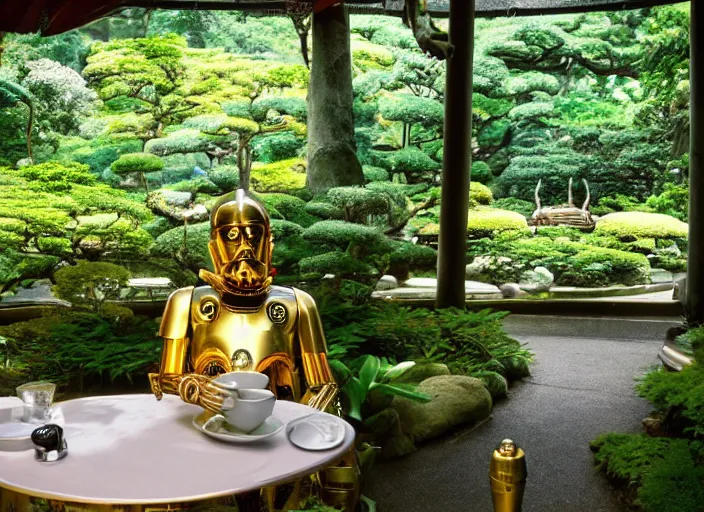 Prompt: C-3PO sitting at a bistro table in a lush japanese garden, still from star wars, shot on film, close up, depth of field, nature show, incredible detail, dramatic lighting