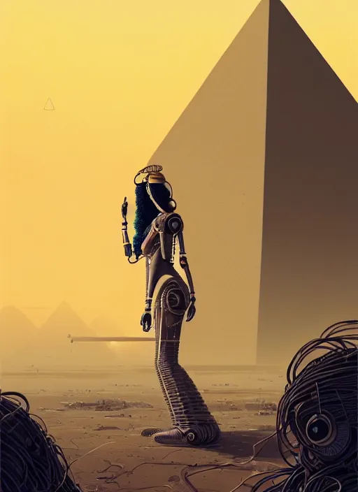 Image similar to highly detailed portrait of a robotoc cyborg long curly white hair egyptian tribal lady, stray wiring by atey ghailan, james gilleard, by joe fenton, by greg rutkowski, by greg tocchini, by kaethe butcher, 4 k resolution, gradient yellow, black and white color scheme!!! ( ( sandstorm robotic pyramid landscape background ) )