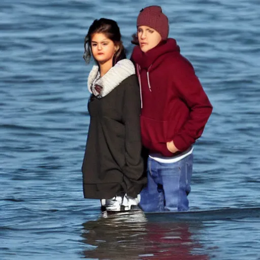 Image similar to justin bieber and selena gomez at a lake during christmas