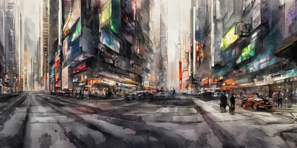 Prompt: the coming AI singularity, street scene, ultrawide watercolor, Ghost in the Shell