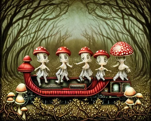 Image similar to intricate detailed mushroom elves riding train in a dark mysterious forest by mark ryden