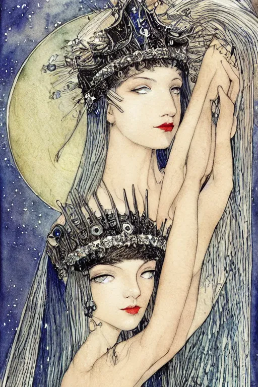 Prompt: detailed portrait of a woman with a bat wing crown, night sky moon background, art by luis royo and walter crane and kay nielsen, watercolor illustration,