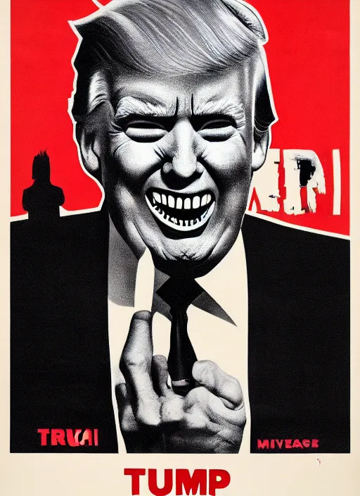 Prompt: Donald Trump's true form on a 1960s horror movie poster , vintage 60s print, detailed, scary, horror, screen print, trending on artstation