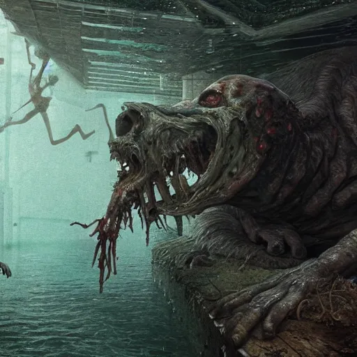 Image similar to highly detailed full body portrait of a zombie swimming underwater in a zombie - apocalypse, in a swimming pool, by greg rutkowski, octane render