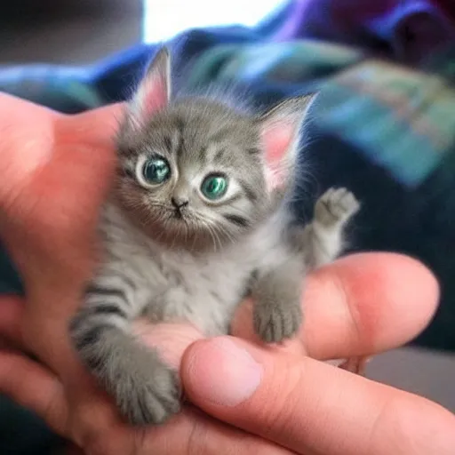 Prompt: a cute baby yoda-kitten hybrid in the palm of a person's hand and a real kitten in the other hand