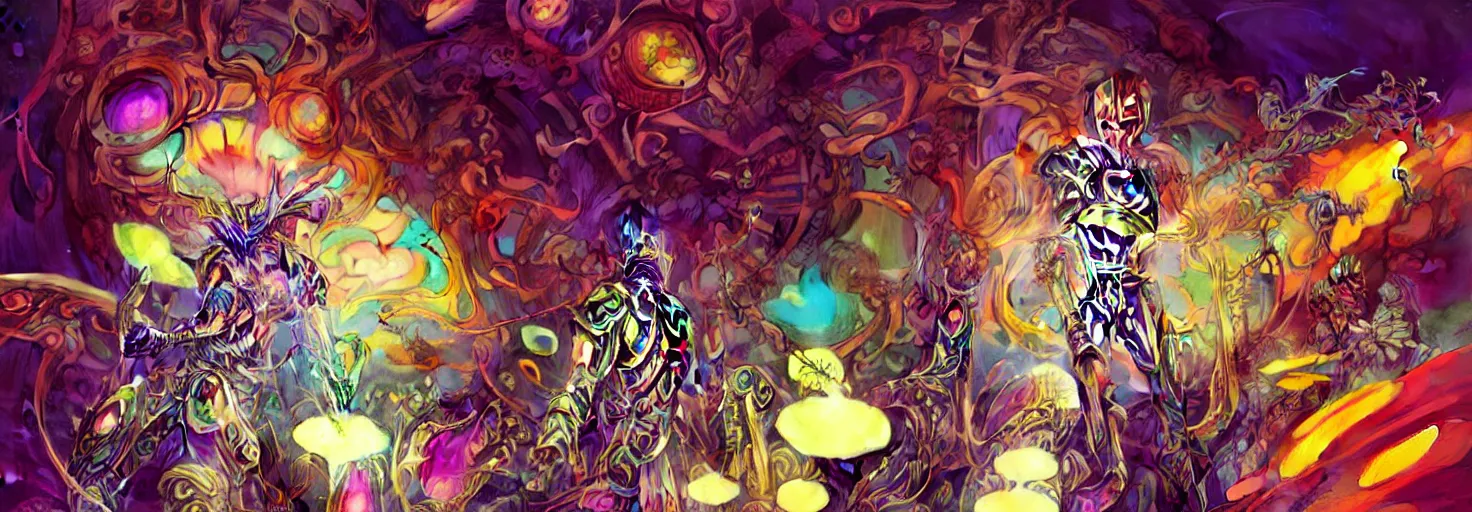 Prompt: An extremely psychedelic experience, colorful, surreal, dramatic lighting, magic mushrooms, psilocybin, LSD, mecha face, detailed, intricate, elegant, highly detailed, digital painting, artstation, concept art, smooth, sharp focus, illustration, art by Marco Plouffe, Krenz Cushart and Artem Demura and alphonse mucha