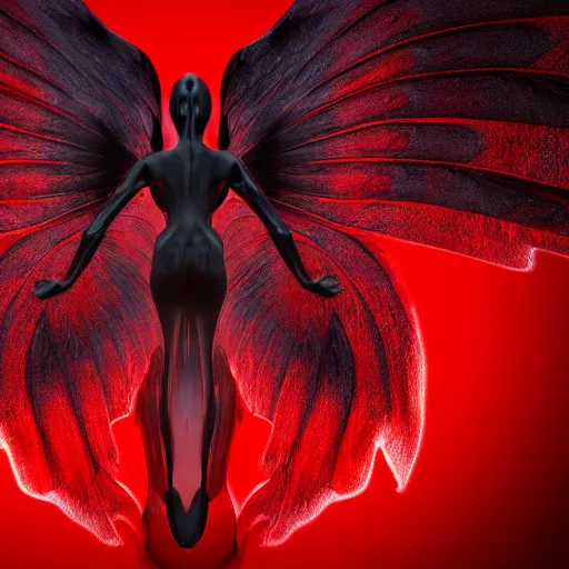 Image similar to dark shadow abstract humanoid with wings and red eyes high quality highly detailed photo realistic 8 k