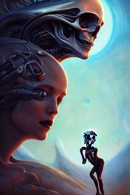 Prompt: a skull alien chase a girl on alien planet by karol bak, james jean, tom bagshaw, rococo, sharp focus, trending on artstation, cinematic lighting, hyper realism, octane render, 8 k, hyper detailed, vivid, ultra detailed, highly detailed