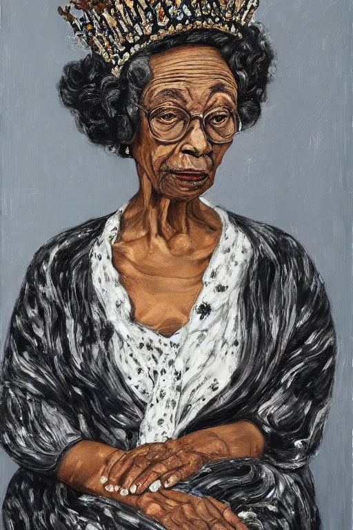 Prompt: a painted portrait of an elderly black lady with grey curly hair, wearing a crown and clothing of Queen Elizabeth the second, painted by Lucian Freud, oil on canvas, expressive, impasto