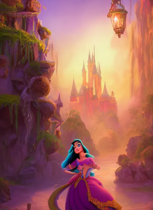 Image similar to disney esmeralda, concept art, elegent, magic background, character portrait, dynamic lighting, octane render aesethic, matte painting, gaudy colors, detailed