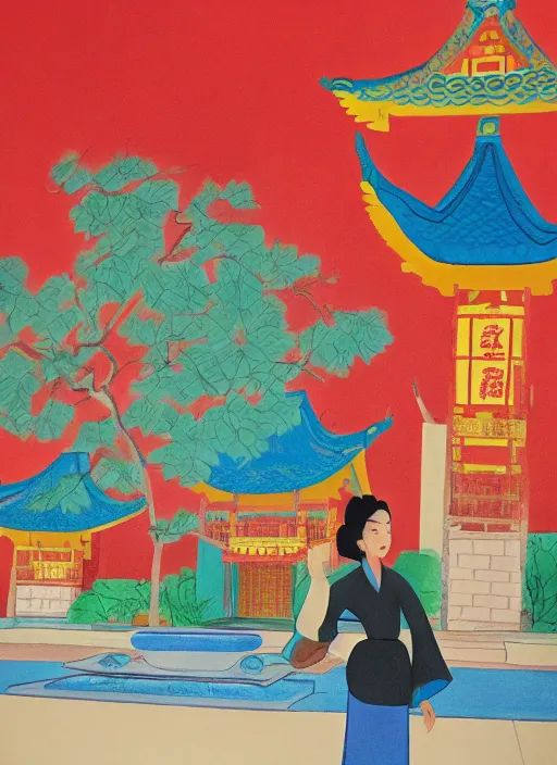 Prompt: mulan in front of chinese temple, by mary blair