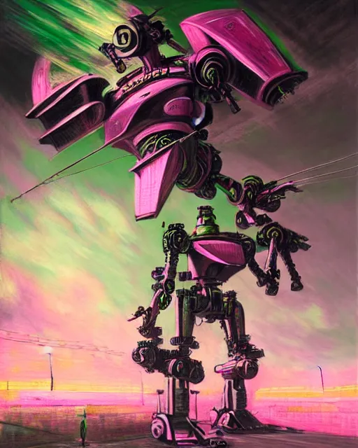 Image similar to hyperrealistic hyperdetailed graffiti mecha iridescent pink fighting in war concept art santiago caruso de chirico sharp very dramatic green light 8k low angle shallow depth of field