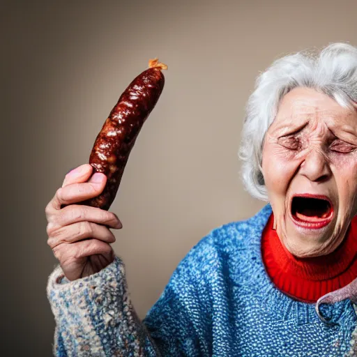 Image similar to elderly woman screaming at a sausage, canon eos r 3, f / 1. 4, iso 2 0 0, 1 / 1 6 0 s, 8 k, raw, unedited, symmetrical balance, wide angle