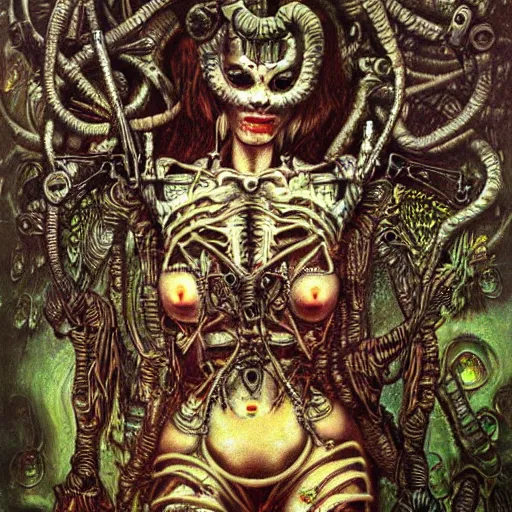 Image similar to depraved cybernetic demon, lsd, mushrooms, circuitry, intricate detail, klimt, frazetta, giger,