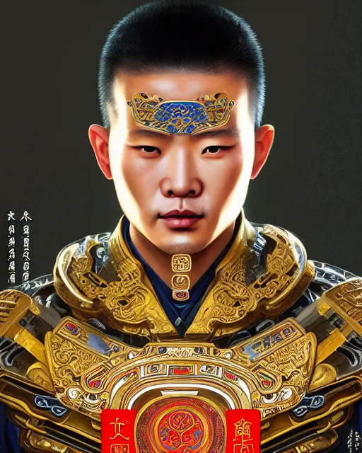 Image similar to portrait of a chinese masculine male cyberpunk machine, machine face, upper half portrait, decorated with chinese opera motifs, muscular, asian, fine china, wuxia, traditional chinese art intricate intense elegant 京 剧 highly detailed digital painting artstation concept art smooth sharp focus illustration, art by artgerm and greg rutkowski alphonse mucha 8 k