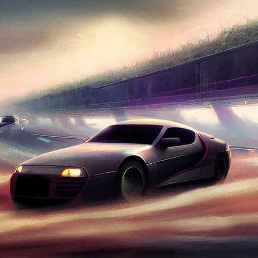 Image similar to a supra style car driving on a high way in a fog realistic atmosferic casper david friedrich raphael lacoste vladimir kush leis royo bruce pennington volumetric light effect broad light oil painting painting fantasy art style sci - fi art style realism artwork unreal engine