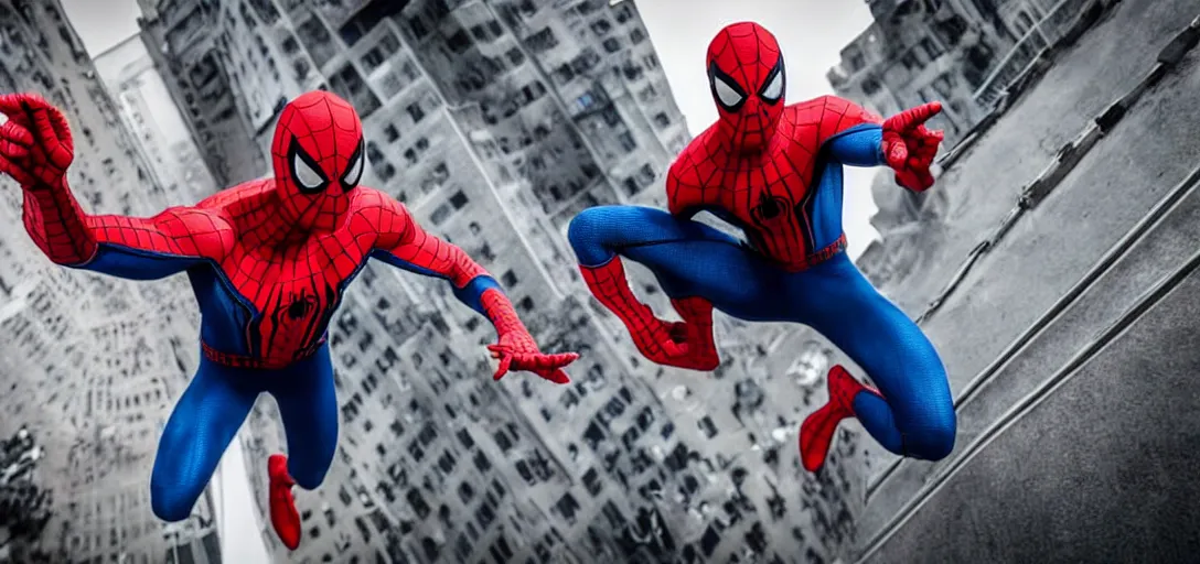Image similar to Gigachad as Spider-Man, film still, wide-shot, full shot, cinematic lens, heroic portrait