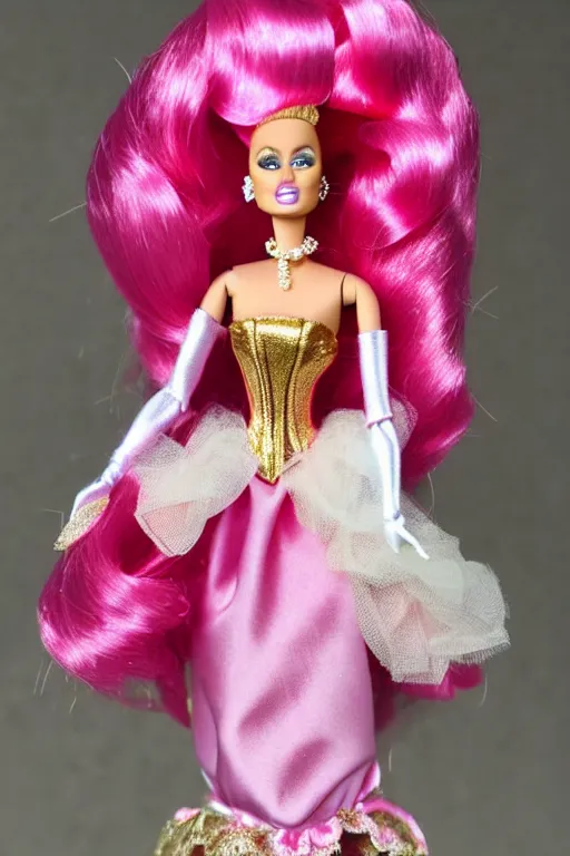 Prompt: drag queen barbie doll in pink rococo noble lady outfit, marie antoinette drag queen doll