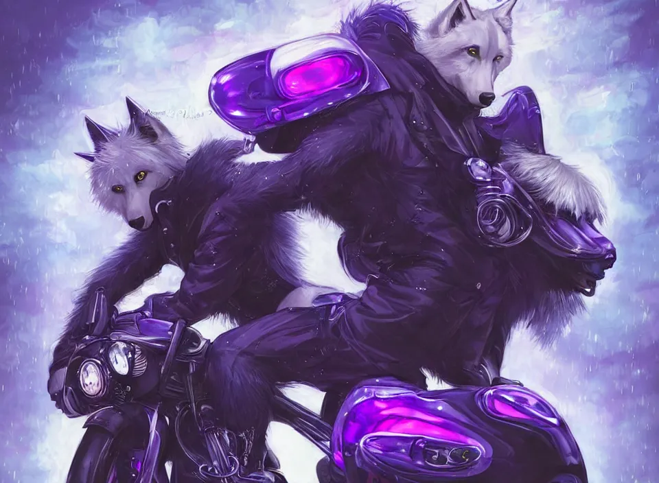 Prompt: award winning beautiful portrait commission of a male furry anthro albino wolf fursona with a tail and a cute beautiful attractive detailed furry face wearing stylish black, purple and yellow cyberpunk biker clothes riding a cybertech motorcycle in a cyberpunk city at night while it rains. Character design by charlie bowater, ross tran, artgerm, and makoto shinkai, detailed, inked, western comic book art