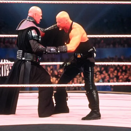 Prompt: Stone Cold Steve Austin fighting with Darth Vader in the WWE ring