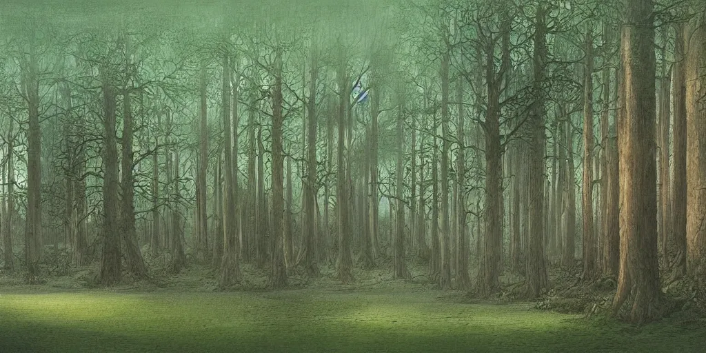 Prompt: Artwork by John Howe of The cinematic view of The Forest of Lost Twilight, a Forest, within which can be found an epitomic manor.