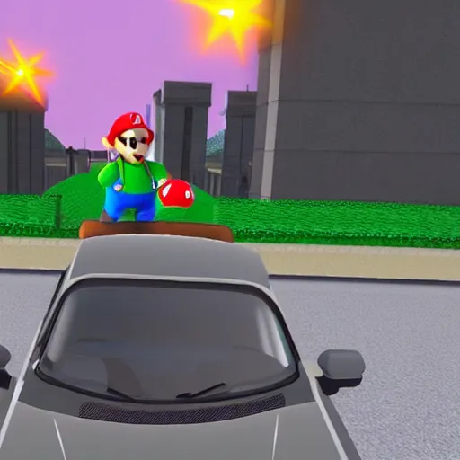 Image similar to screenshot of a carjacking in super mario 6 4