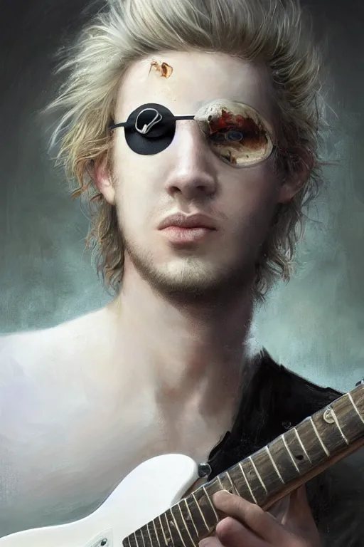 Prompt: blonde wild hair boy with eye - patch playing fender stratocaster, close - up portrait, plain white tshirt, powerfull, intricate, elegant, volumetric lighting, scenery, digital painting, highly detailed, artstation, sharp focus, illustration, concept art, ruan jia, steve mccurry