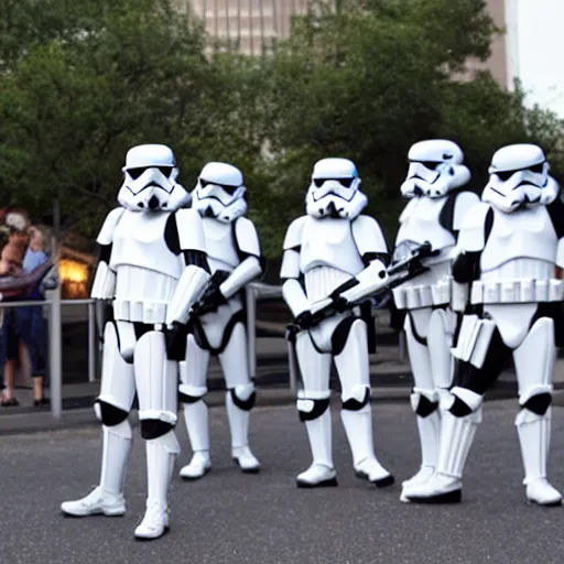 Prompt: stormtroopers in front of the austin skyline