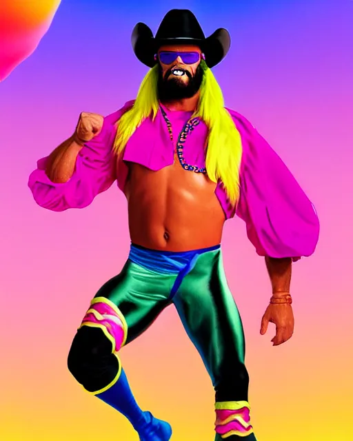 Prompt: disney pixar portrait 8 k photo of macho man randy savage wearing brightly colored spandex pants, jacket, and cowboy hat : : as ultimate professional wrestler by pixar : : by weta, greg rutkowski, wlop, ilya kuvshinov, rossdraws, artgerm, annie leibovitz, rave, unreal engine, alphonse mucha : :