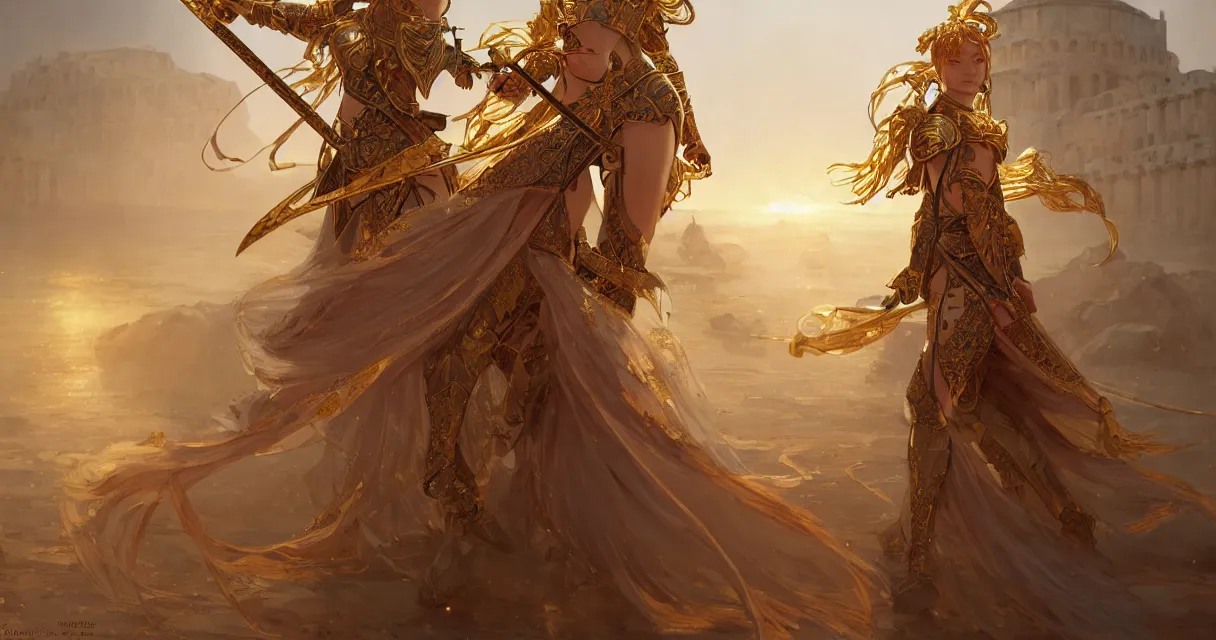 Prompt: knights of zodiac girl, golden and copper armor, sword and katana dancing, in ruined agora of athens sunrise, ssci - fi and fantasy, intricate and very very beautiful and elegant, highly detailed, digital painting, artstation, concept art, smooth and sharp focus, illustration, art by tian zi and wlop and alphonse mucha