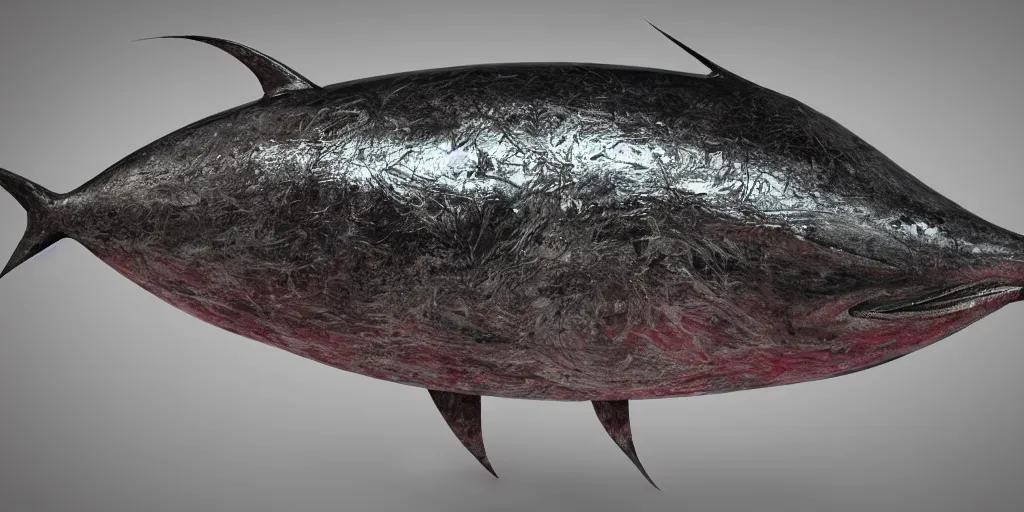 Prompt: tuna, stylized layered textures, long flowing fins, bioluminescent orbs, 3 d render, substance painter, glowing eye, smooth, sharp focus, art by h r giger